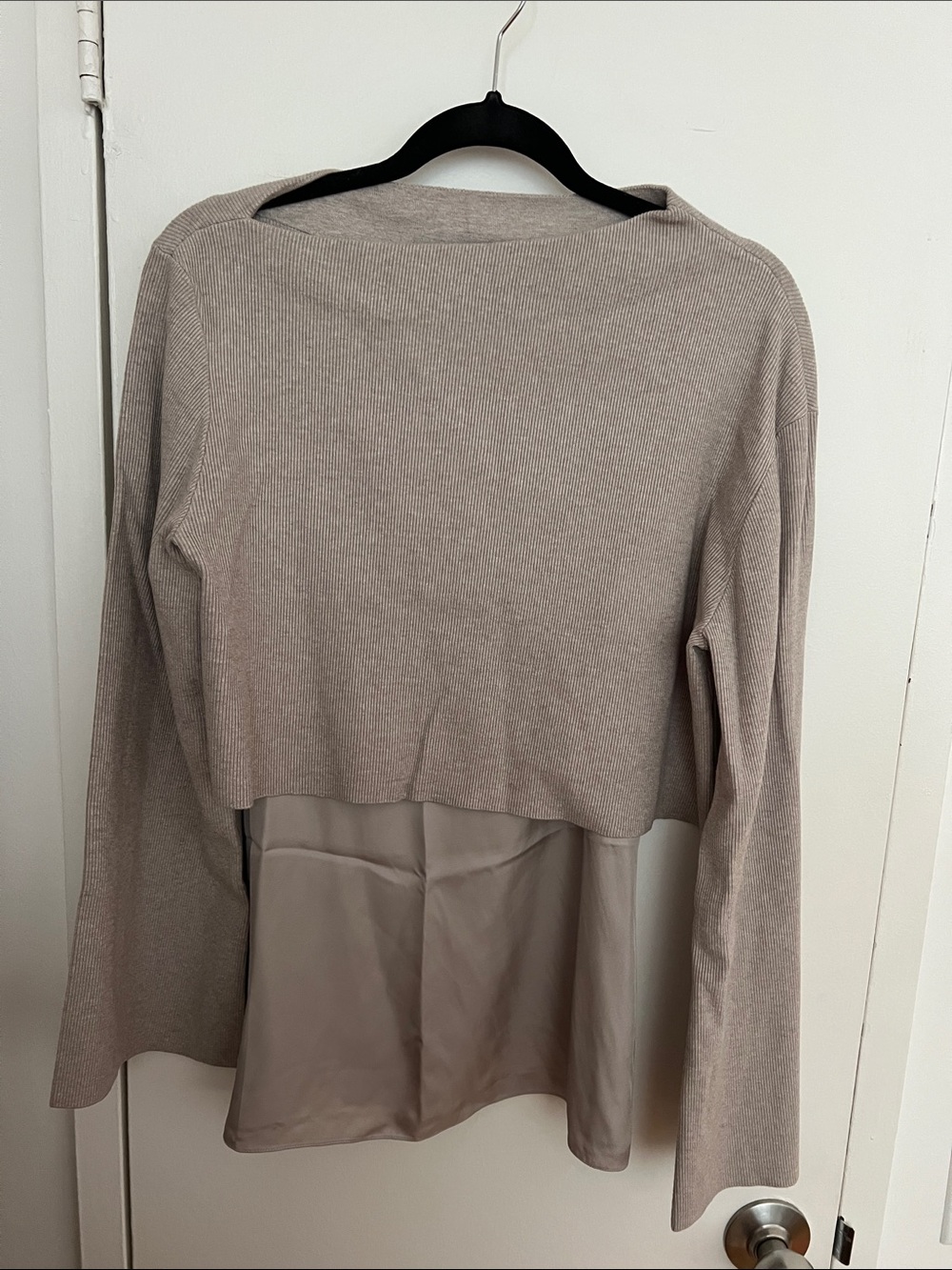 Theory Two-Layer Knit & Woven Long-Sleeve Top in Light Taupe
